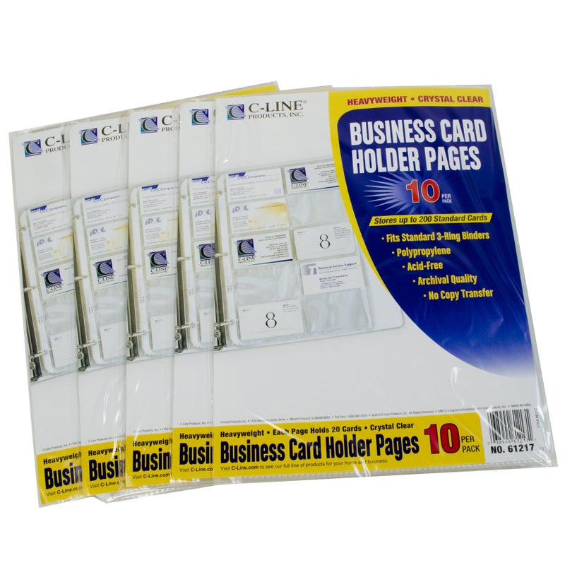 C-Line Business Card Holder Pages, Poly Without Tabs, 20 Cards/Page, 11 x 9 Inches, 5 Packs of 10 (61217-5) - Image 1